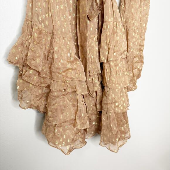 Rococo Sand Aine One Shoulder Tan Gold Ruffle Mini Dress Medium - Picture 6 of 11